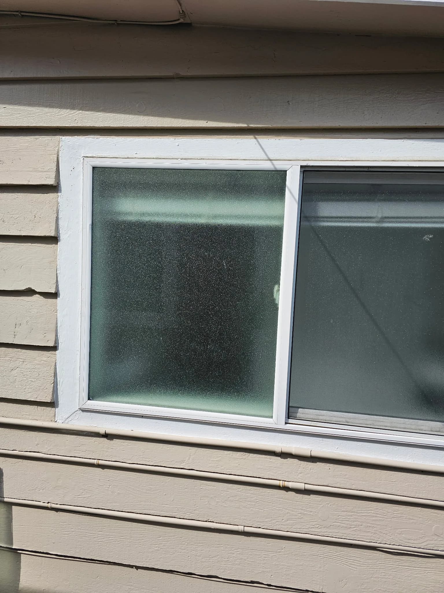 Privacy-glass residential window replacement set into a beige exterior wall